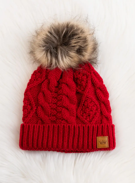 PANACHE RED CABLE KNIT POM HAT