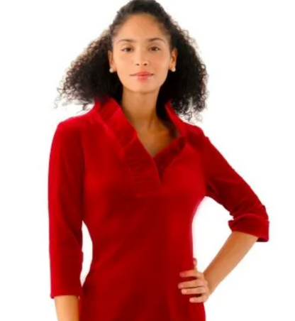 GRETCHEN SCOTT VELVET RUFFLE NECK BLOUSE