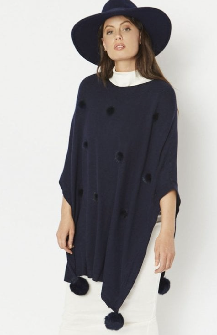 JAYLEY FINE KNIT WOOL POM POM PONCHO