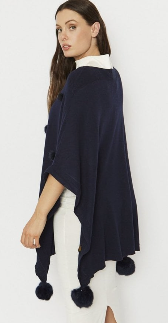 JAYLEY FINE KNIT WOOL POM POM PONCHO