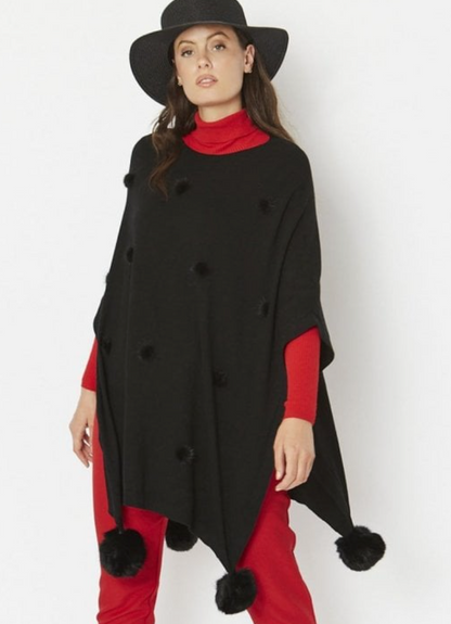 JAYLEY FINE KNIT WOOL POM POM PONCHO